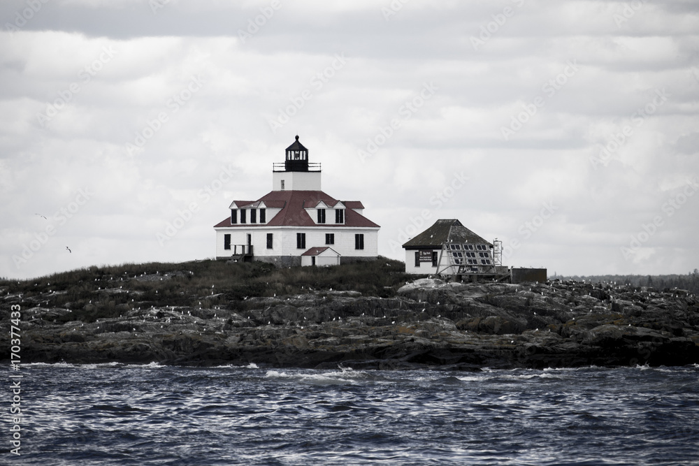 Black and White Photo of a Lighthouse on an Island off the Coast of Maine