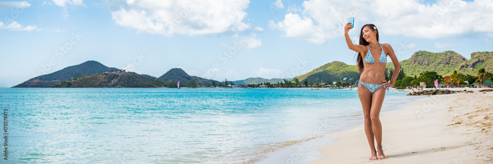 Caribbean Vacation Beach Selfie Woman Panorama Asian Bikini Girl Taking Self Portrait Pictures