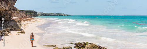 Barbados beach cruise tropical vacation woman banner. Ginger beach famous tourist destination.