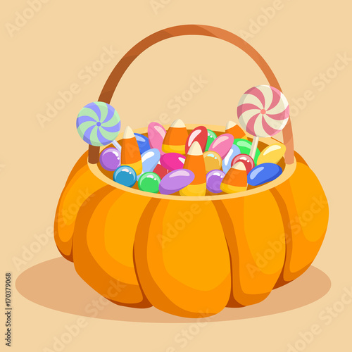 Halloween Candy Pumpkin Basket contains a lot of Halloween candies vector illustration.