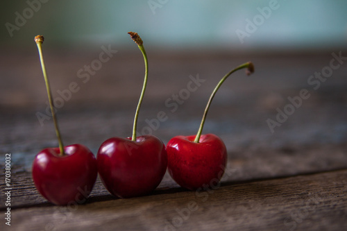 Cherry on wooden board. Tree cherries, selective focus