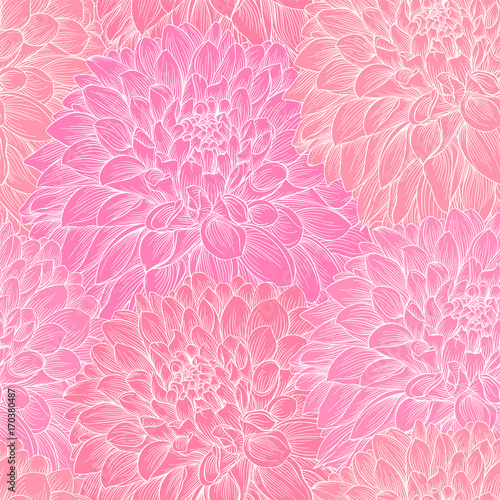 Fototapeta Naklejka Na Ścianę i Meble -  beautiful monochrome seamless background pink dahlias Hand-drawn. Design for greeting cards and invitations of wedding, birthday, Valentine s Day, mother s day and other seasonal holiday