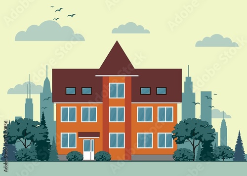 Illustration of a city landscape with townhouse and trees. Flat art style. Housing, real estate market, architecture design, property investment concept banner.