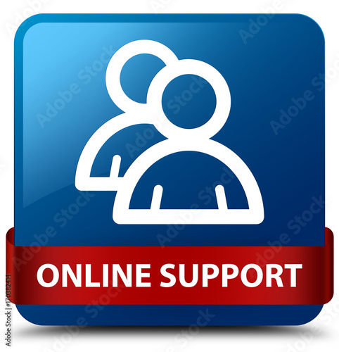 Online support (group icon) blue square button red ribbon in middle