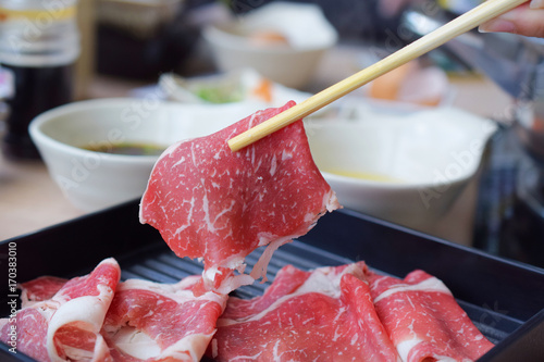 Japanese style food. Beef shabu set. photo