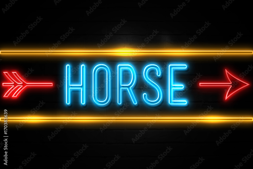 Fototapeta premium Horse - fluorescent Neon Sign on brickwall Front view