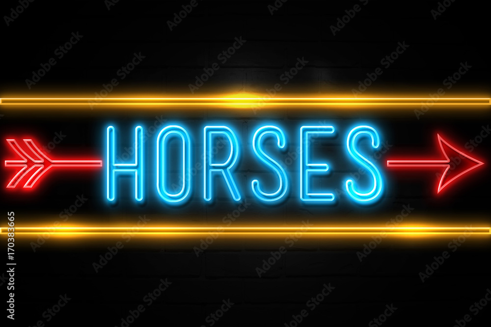 Obraz premium Horses - fluorescent Neon Sign on brickwall Front view