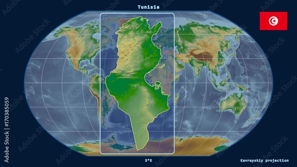 Tunisia - 3D tube zoom (Kavrayskiy VII projection). Bumps shaded Tunisia - 3D tube zoom (Kavrayskiy VII projection). Bumps shaded