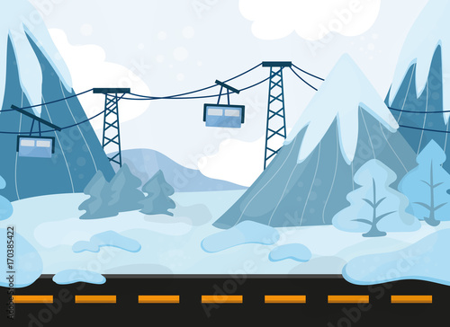 Seamless cartoon landscape, vector background with mountains and Funicular