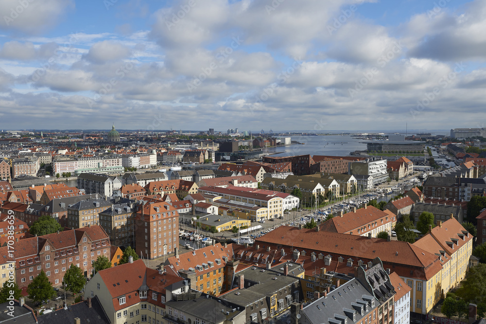 Copenhagen, Denmark seen from above on a sunny day
