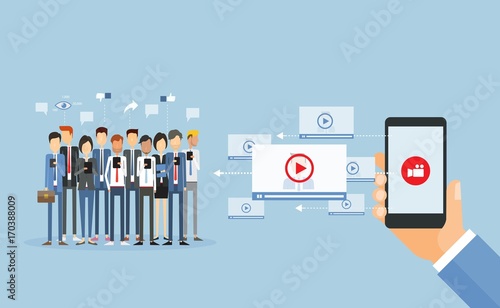 flat vector business video marketing content online and video video sharing on mobile concept