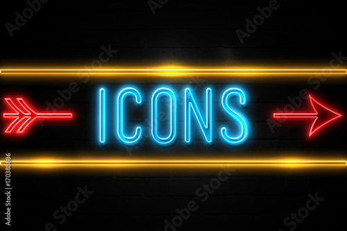 Icons - fluorescent Neon Sign on brickwall Front view