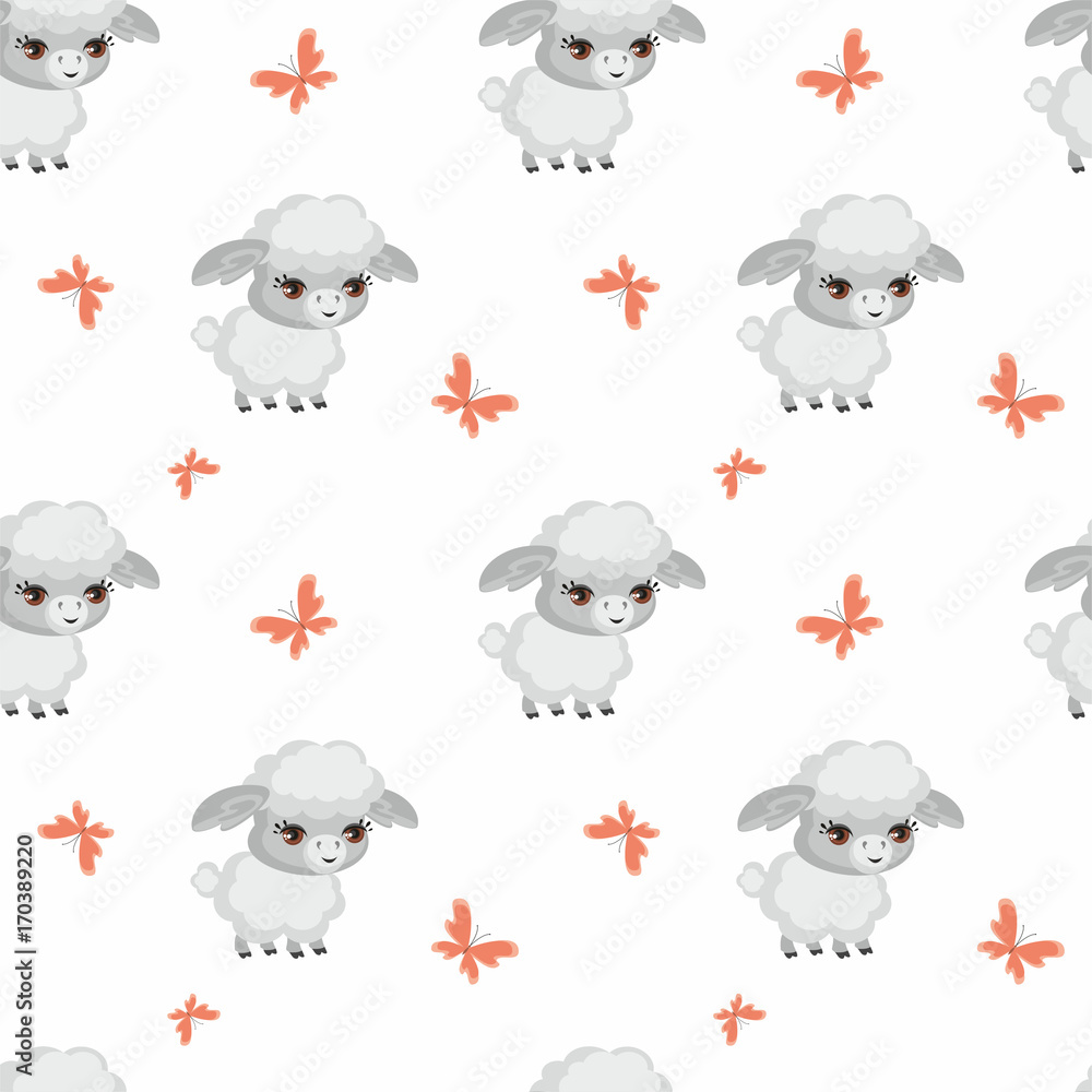 Vector colorful seamless pattern with the image of farm animals in cartoon style.