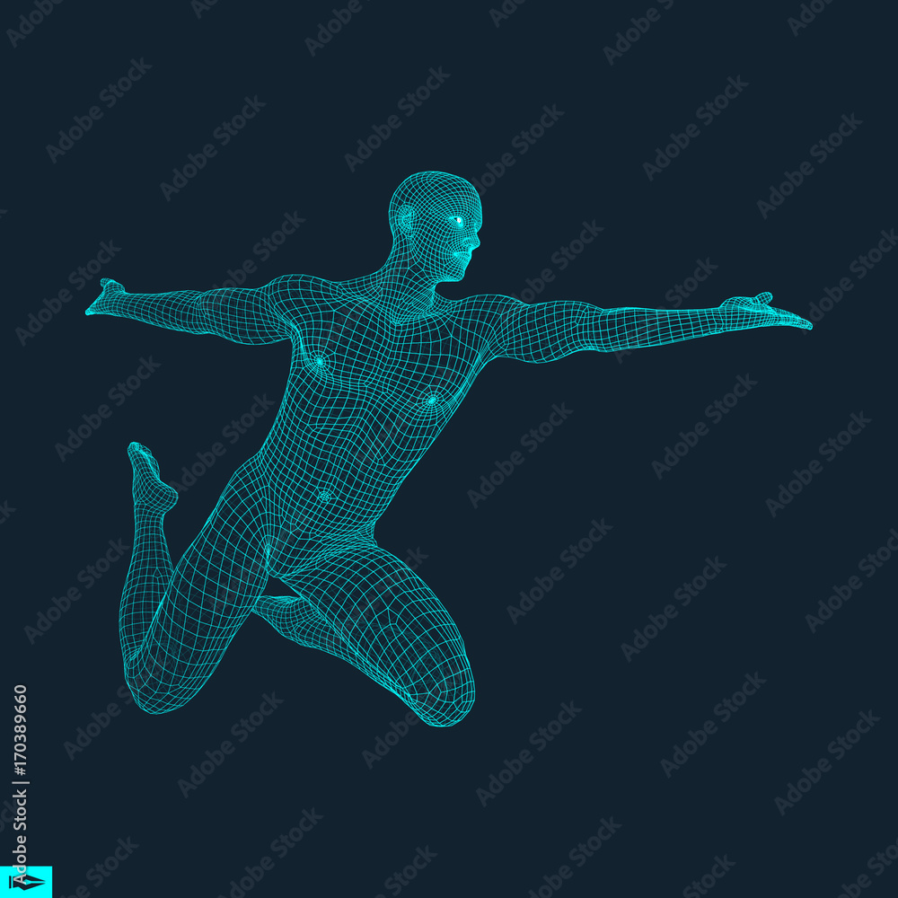 Naklejka premium 3D Model of Man. Human Body Wire Model. Design Element. Technology Vector Illustration.