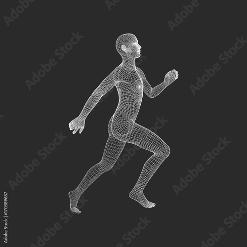 3d Running Man. Human Body Wire Model. Sport Symbol. Low-poly Man in Motion. Vector Geometric Illustration.