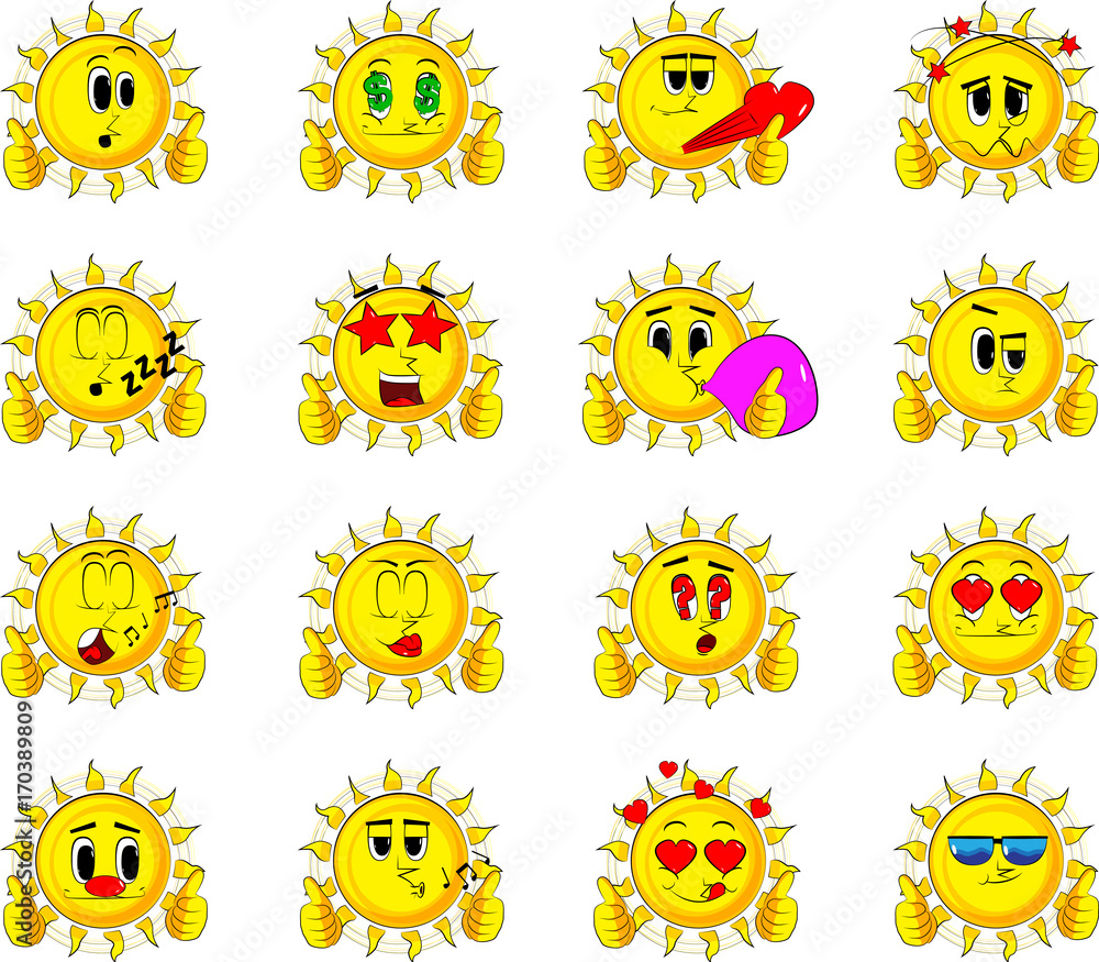 Cartoon sun making thumbs up sign with two hands. Collection with various facial expressions. Vector set.