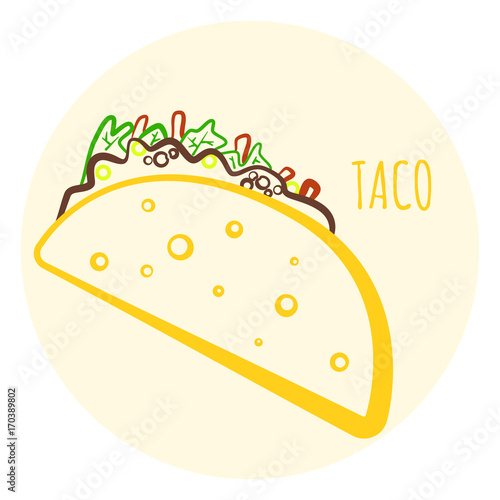 Colorful isolated outline vector taco symbol. Minimalistic flat linear mexican tacos icon for fast food restaurant or cafe menu, advertisement, banners