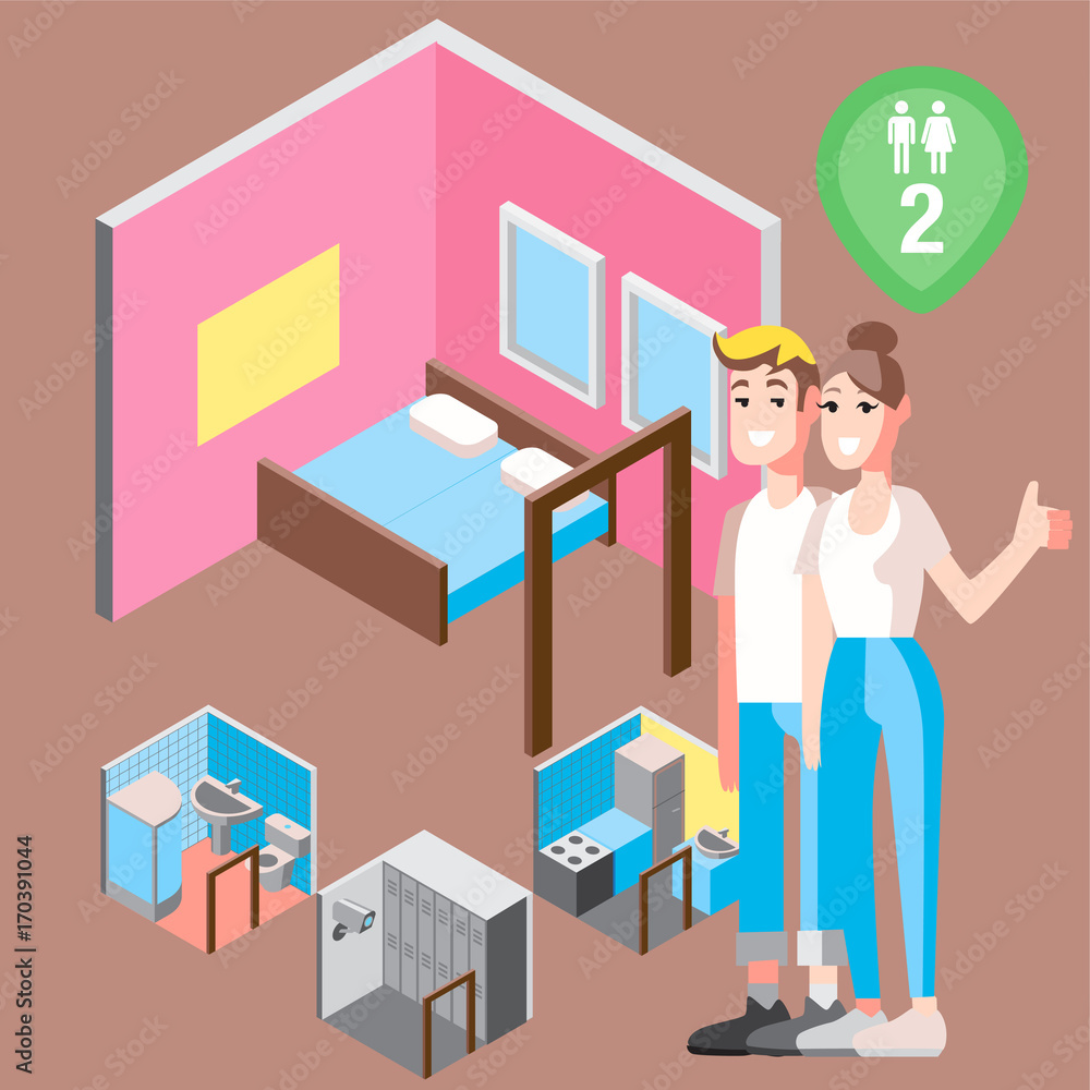 Isometric hostel bed room with couple vector illustration Isometric hostel bed room with couple vector illustration