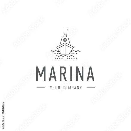  marina, steering wheel logo template, abstract business icon. Ship and waves. Steamboat. Sailboat. Fishing. © anna_kolesnikova