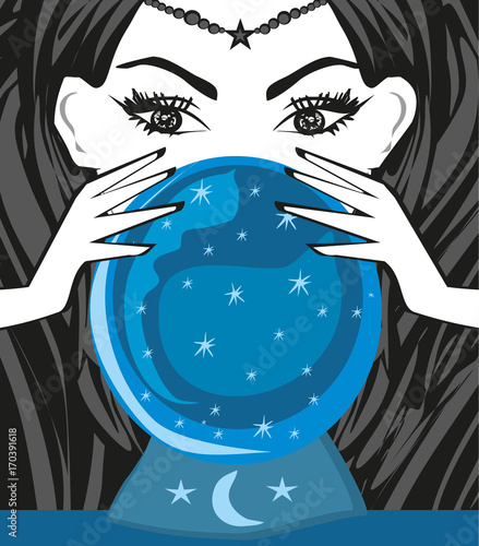Fortune teller woman reading future on magical crystal ball
