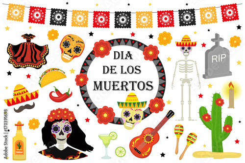 Day of the Dead Mexican holiday icons flat style. Dia de los muertos collection of objects, design elements with sugar skull, skeleton, grave. Isolated on white background. Vector illustration