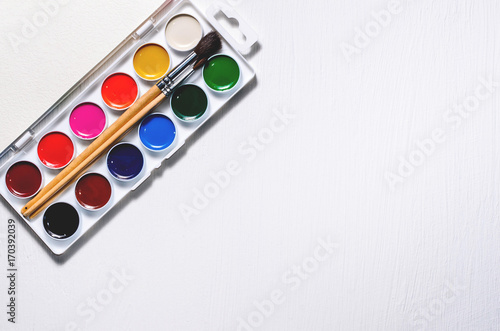 Watercolors and brushes on a white background