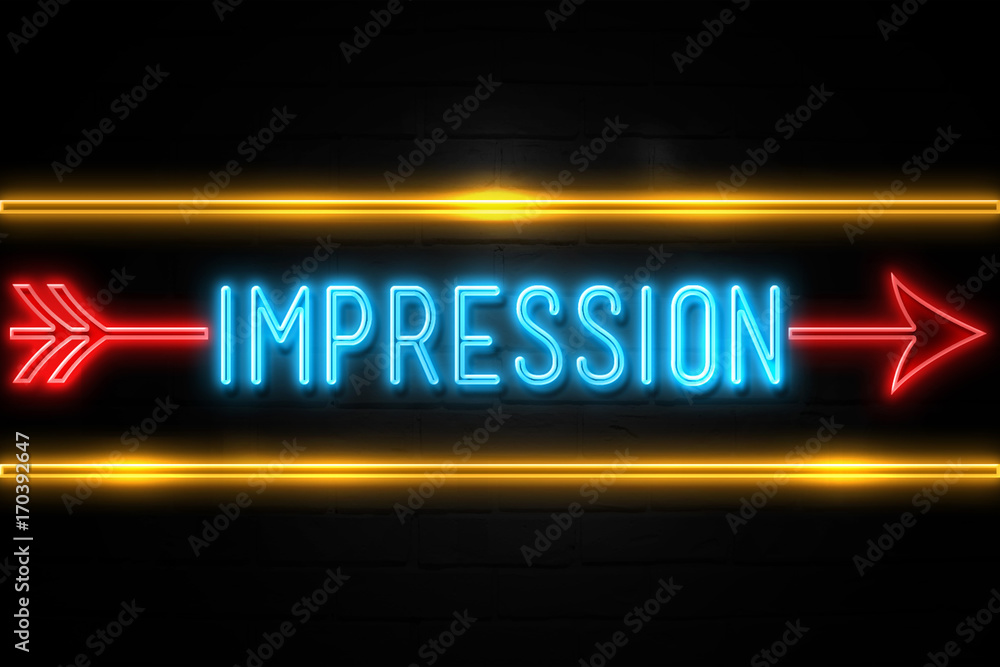 Impression  - fluorescent Neon Sign on brickwall Front view