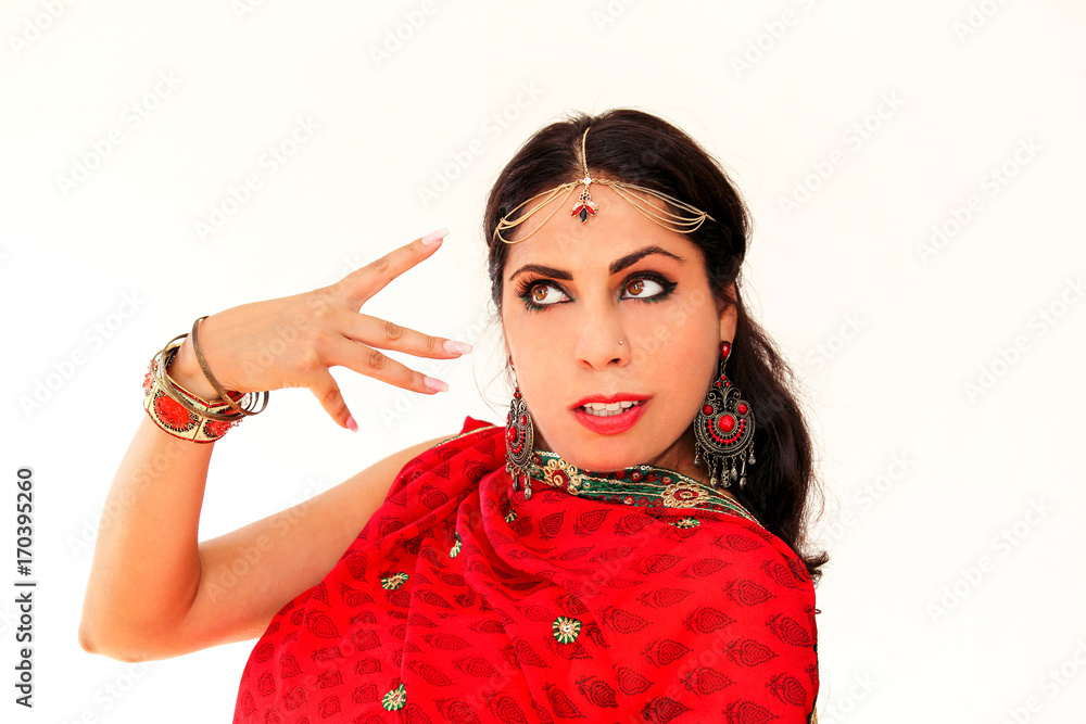 Woman Dancing Indian Dance In National Dress A Handsome Beautiful Girl