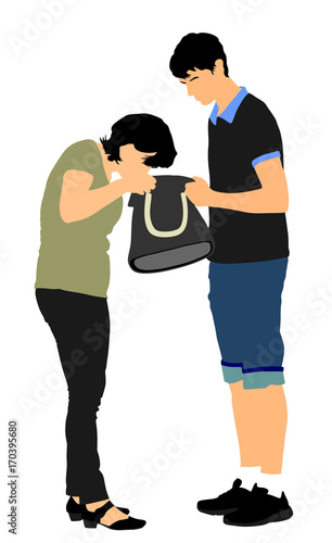 Woman looking for a wallet, keys on the bag, vector illustration. Stressful situation on street, loss of money. Tourist lady lost passport. Problems at the border. No payment card searching in bag.