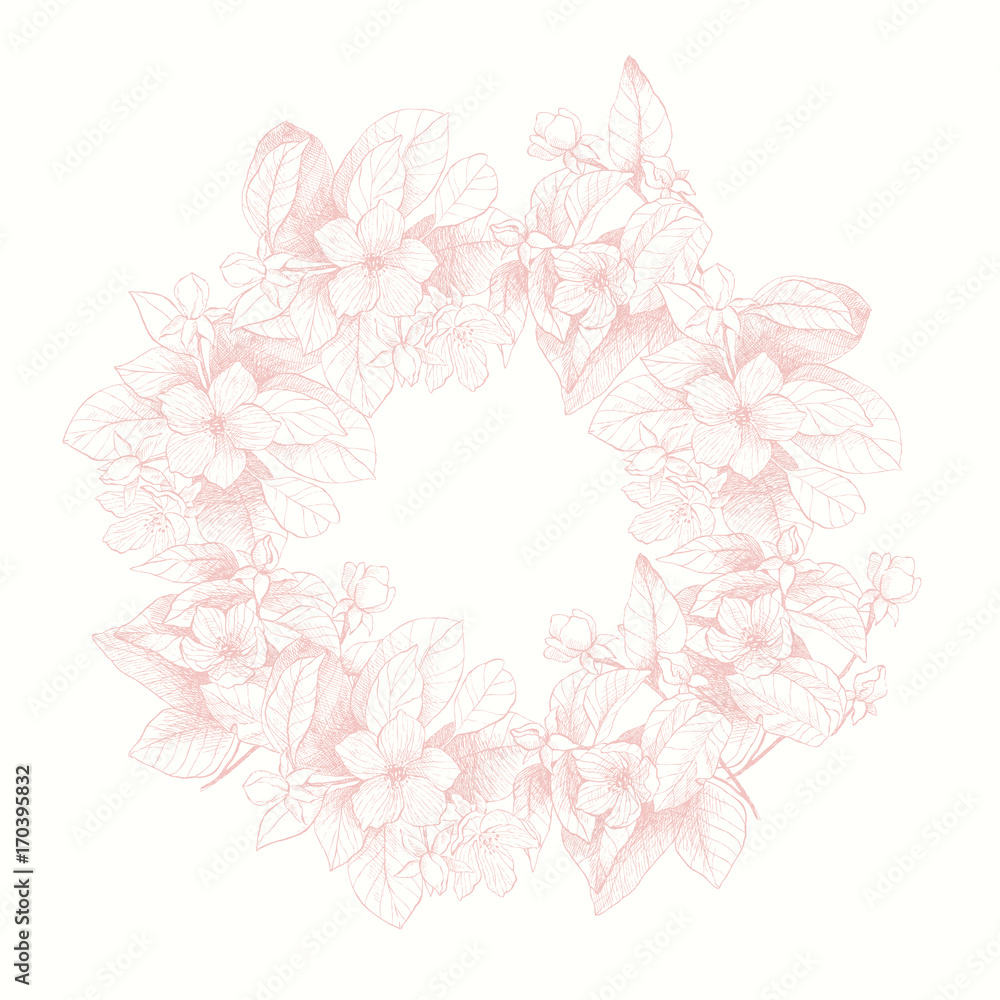Vintage vector card with detailed frame of garden roses on a white background. Victorian style.