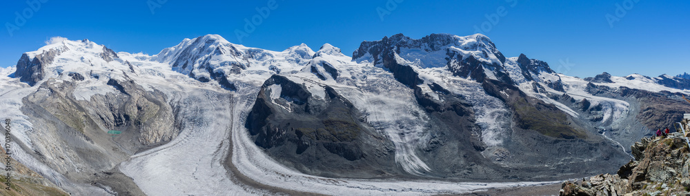 Panorama of Gornergrat Glacier, with Monte Rosa (Dufourspitze), Lyskamm, Breithorn, Swiss Alps, Switzerland 