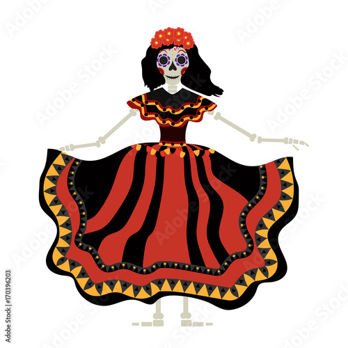 Dia de los muertos Calavera Katrina icon. Day of the dead with a dead girl. Isolated on white background. Vector illustration