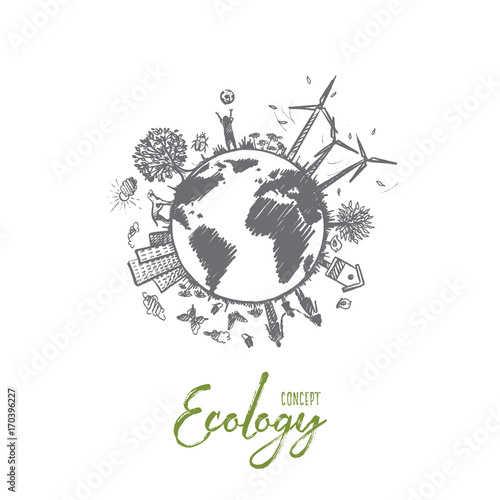 Ecology concept. Hand drawn sustainable ecological environment. Harmony living with nature isolated vector illustration.
