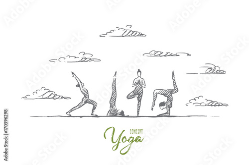 Yoga concept. Hand drawn yoga practice exercise class. People practicing yoga outdoors isolated vector illustration.