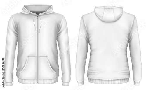 Men's zip-up hoodie. Front and back views of hooded sweatshirt.