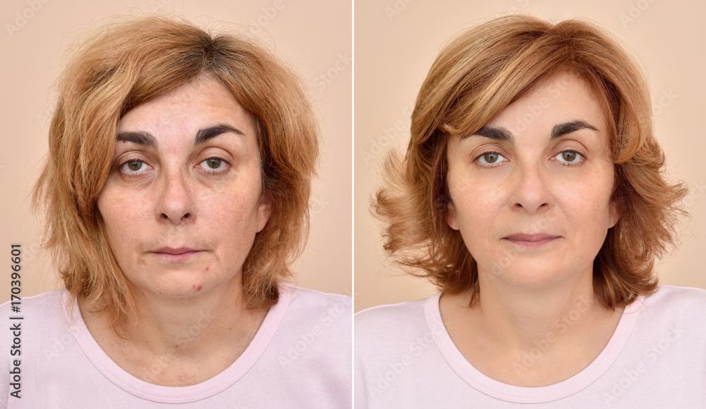 Woman before and after applying make-up and hairstyling Woman before and after applying make-up and hairstyling
