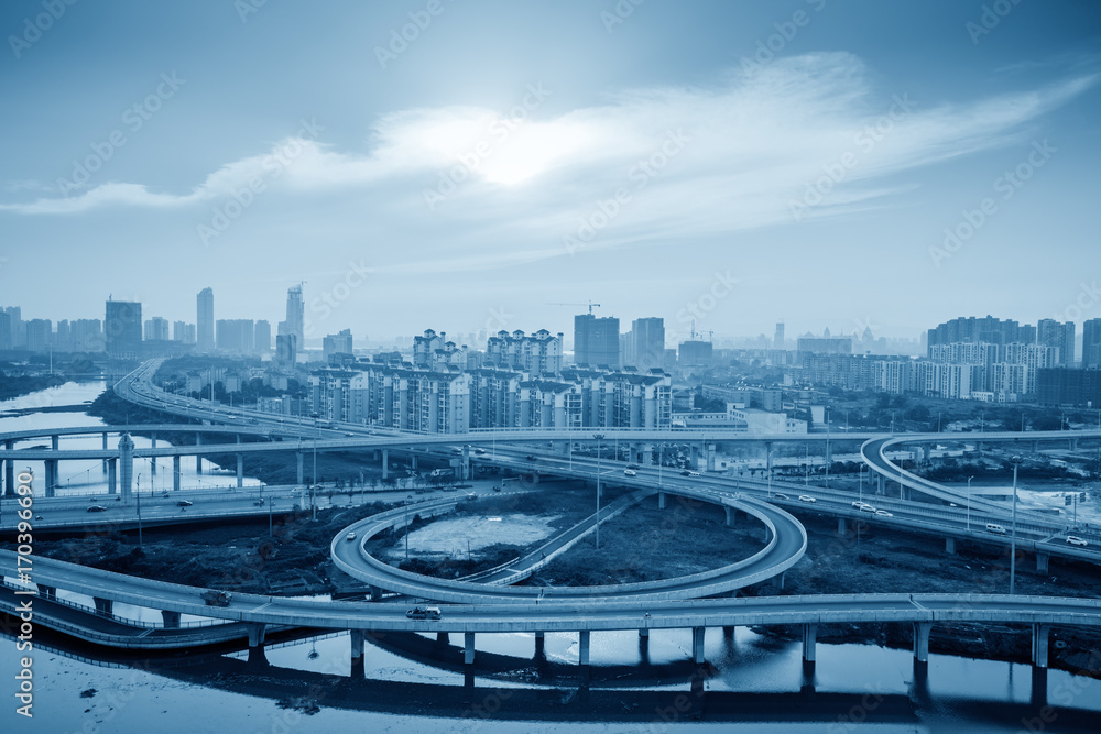 Naklejka premium city highway interchange in shanghai on traffic rush hour