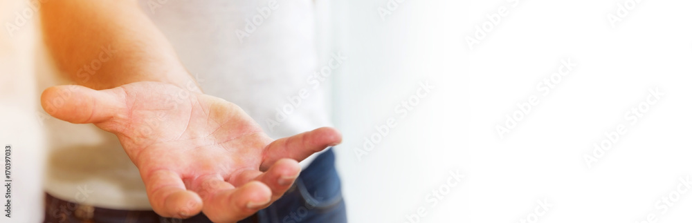 Panorama view of empty businessman hand Panorama view of empty businessman hand