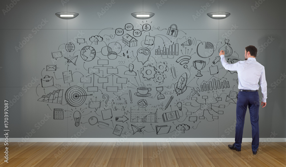 Businessman drawing a project sketch on a wall 3D rendering Businessman drawing a project sketch on a wall 3D rendering