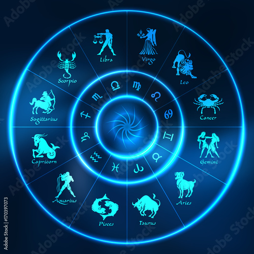 Blue neon horoscope circle.Circle with signs of zodiac.Vector
