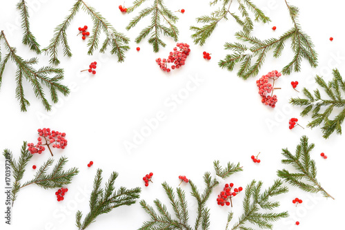 Christmas background. Fir branches isolated on white background. Christmas tree. Christmas toys  snow  fir  rowan in frost  top view. Composition of fir branches  pattern. Christmas frame.