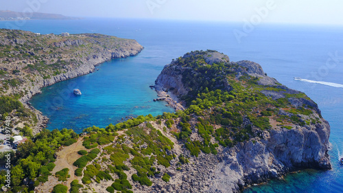 August 2017: Aerial drone photo of famous beach of Ladiko near iconic Anthony Quinn Bay, Rodos island, Aegean, Dodecanese, Greece