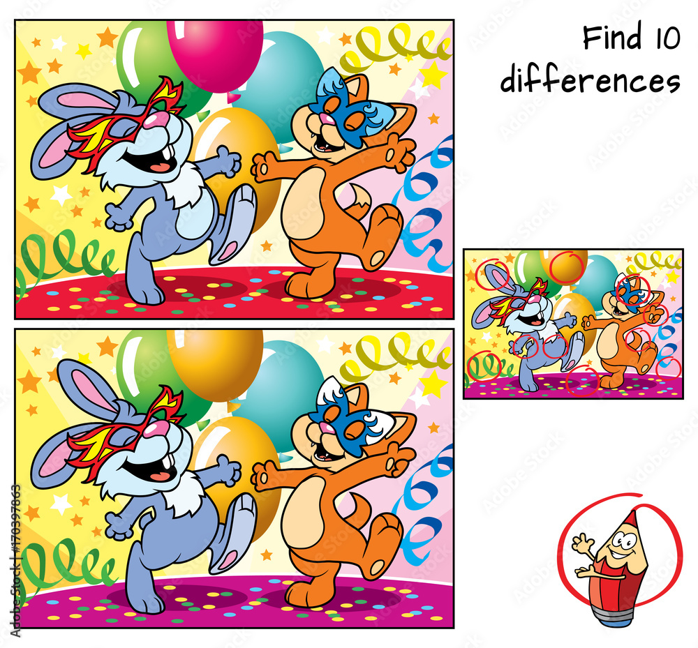 Happy rabbit and cat dancing in masks at the carnival. Find 10 differences.  Educational game for children. Cartoon vector illustration Stock Vector |  Adobe Stock