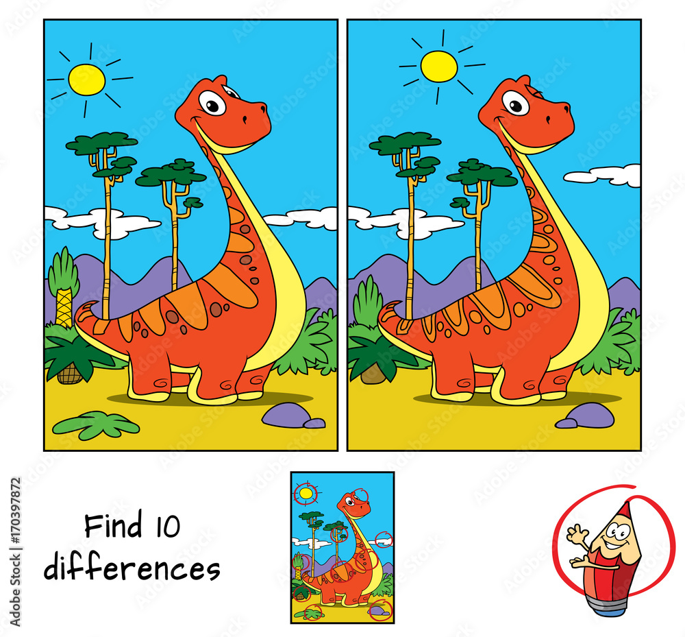 Funny red dinosaur. Find 10 differences. Educational game for children.  Cartoon vector illustration Stock Vector | Adobe Stock
