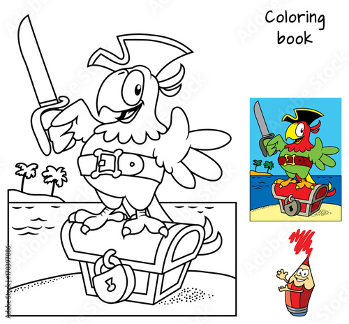Pirate parrot with a cutlass staying on a treasure chest. Coloring book. Cartoon vector illustration