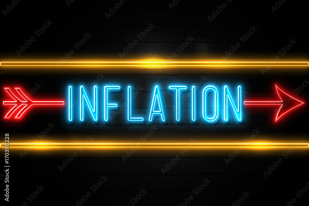 Inflation - fluorescent Neon Sign on brickwall Front view Inflation - fluorescent Neon Sign on brickwall Front view