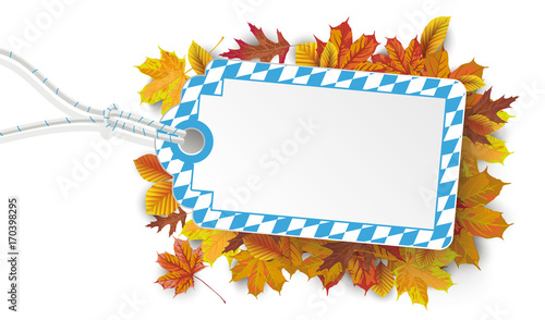 Preisschild in bayerischen Farben mit Herbstlaub