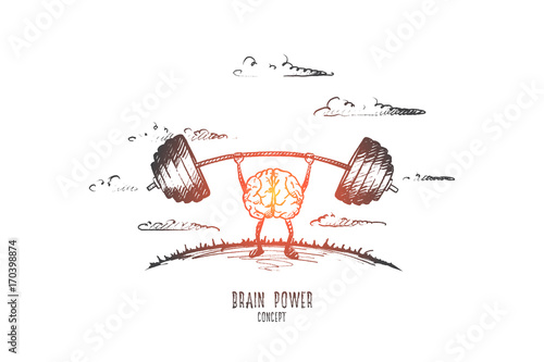 Brain power concept. Hand drawn brain as powerful muscle. Exercise for head isolated vector illustration.