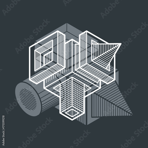 Abstract trigonometric construction, vector dimensional design template.