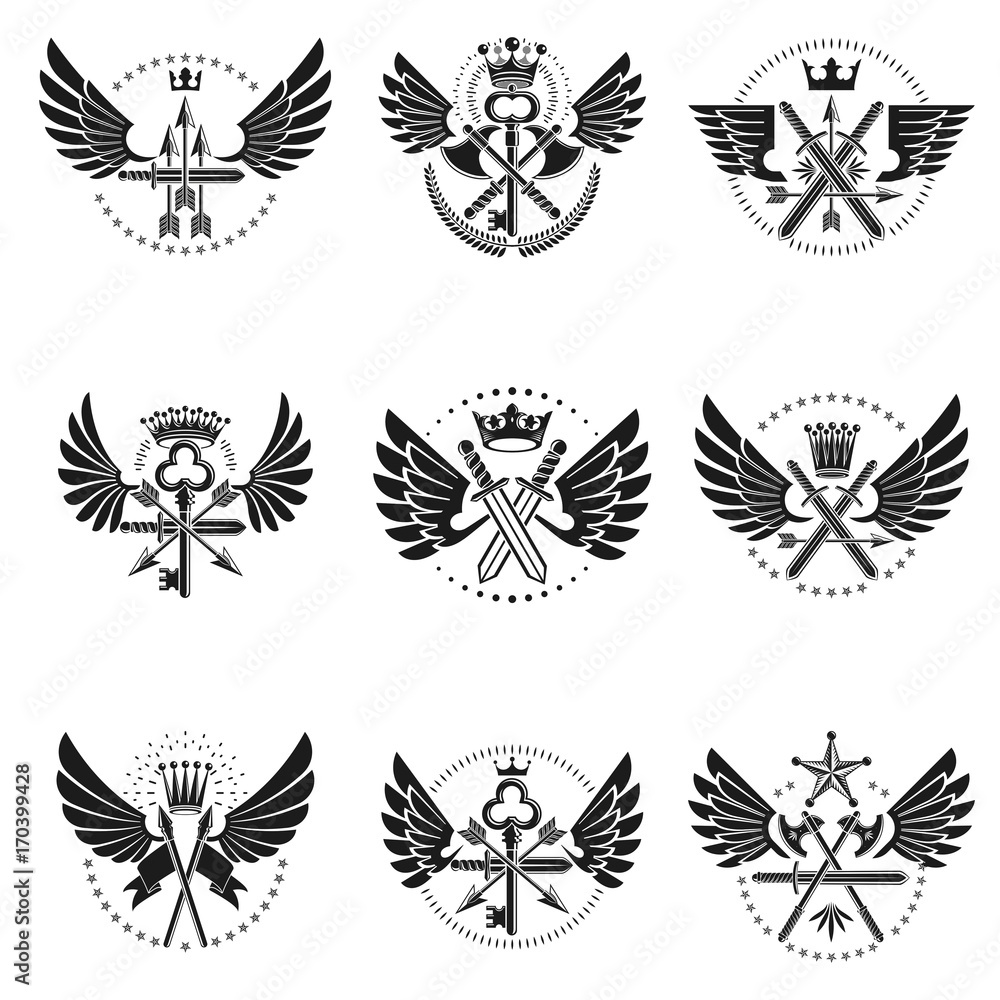 Fototapeta premium Vintage Weapon Emblems set. Heraldic coat of arms decorative emblems collection.